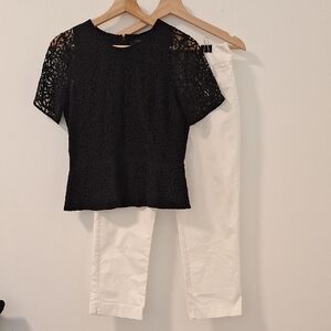 Ann Taylor Black Lace Detail Top & White Pants Set
